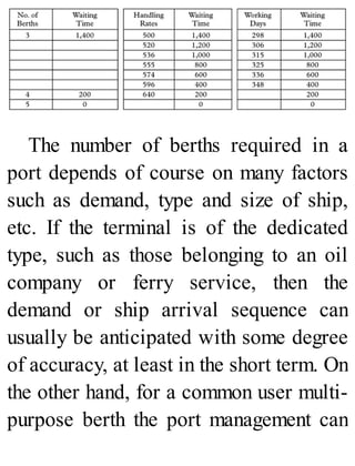 The number of berths required in a
port depends of course on many factors
such as demand, type and size of ship,
etc. If the terminal is of the dedicated
type, such as those belonging to an oil
company or ferry service, then the
demand or ship arrival sequence can
usually be anticipated with some degree
of accuracy, at least in the short term. On
the other hand, for a common user multi-
purpose berth the port management can
 