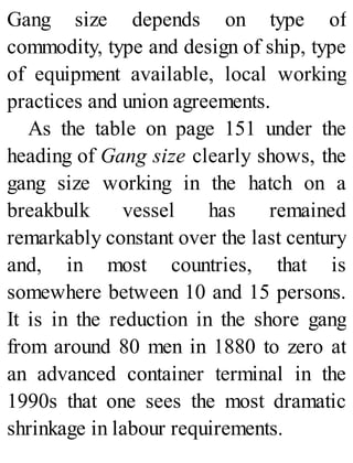 Gang size depends on type of
commodity, type and design of ship, type
of equipment available, local working
practices and union agreements.
As the table on page 151 under the
heading of Gang size clearly shows, the
gang size working in the hatch on a
breakbulk vessel has remained
remarkably constant over the last century
and, in most countries, that is
somewhere between 10 and 15 persons.
It is in the reduction in the shore gang
from around 80 men in 1880 to zero at
an advanced container terminal in the
1990s that one sees the most dramatic
shrinkage in labour requirements.
 