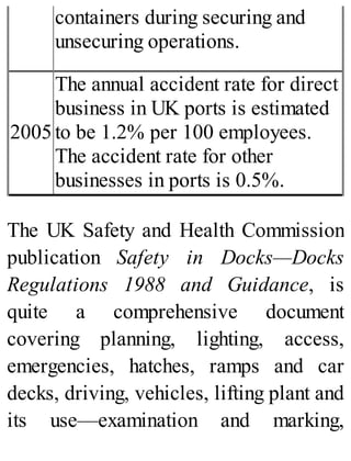 containers during securing and
unsecuring operations.
2005
The annual accident rate for direct
business in UK ports is estimated
to be 1.2% per 100 employees.
The accident rate for other
businesses in ports is 0.5%.
The UK Safety and Health Commission
publication Safety in Docks—Docks
Regulations 1988 and Guidance, is
quite a comprehensive document
covering planning, lighting, access,
emergencies, hatches, ramps and car
decks, driving, vehicles, lifting plant and
its use—examination and marking,
 