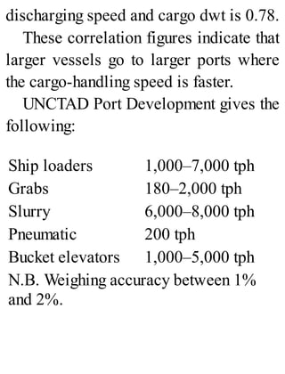 discharging speed and cargo dwt is 0.78.
These correlation figures indicate that
larger vessels go to larger ports where
the cargo-handling speed is faster.
UNCTAD Port Development gives the
following:
Ship loaders 1,000–7,000 tph
Grabs 180–2,000 tph
Slurry 6,000–8,000 tph
Pneumatic 200 tph
Bucket elevators 1,000–5,000 tph
N.B. Weighing accuracy between 1%
and 2%.
 