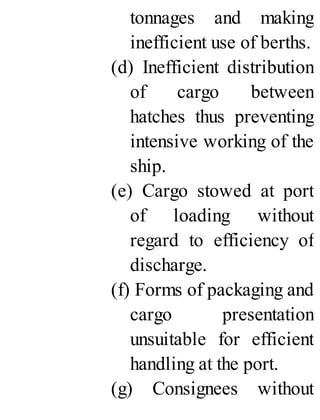 tonnages and making
inefficient use of berths.
(d) Inefficient distribution
of cargo between
hatches thus preventing
intensive working of the
ship.
(e) Cargo stowed at port
of loading without
regard to efficiency of
discharge.
(f) Forms of packaging and
cargo presentation
unsuitable for efficient
handling at the port.
(g) Consignees without
 