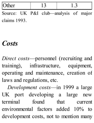 Other 13 1.3
Source: UK P&I club—analysis of major
claims 1993.
Costs
Direct costs—personnel (recruiting and
training), infrastructure, equipment,
operating and maintenance, creation of
laws and regulations, etc.
Development costs—in 1999 a large
UK port developing a large new
terminal found that current
environmental factors added 10% to
development costs, not to mention many
 