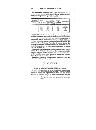 300 ANNEXES DES CHAP. II ET in 
Les résultats des expériences dont it s'agit sont résumés dans le 
tableau suivant, qui correspond au cas de trois armatures verti-cales 
(montants placés aux quarts du vantail). 
Il ,) 
KPA~SH~ r.nrr 
E~TRET())SE CUAKGË 
M, ~M~ J~L' 
,“ OBSKRVATfO~S 
CmTttitTBr.t '~–– L tntTMTMBE 
Sa chargc SRn tvng %criR~ecns 
!'2.M 8,66 )e 8,66 Ctttco) 
3 <3.t6 f.,9t 6,79 Expérience 
2 3!<.3t 8.2) S 3. d' 
< 26~2 )),8< 4 0.67 d" 
0 9.07 <8B 1) t )),M Catcut 
La répartition la plus avantageuse des pressions a lieu, dans le 
cas de bordages, de 2 c. u 3 c. c'est de ce cas que nous avons cherché 
à nous rapprocher, afin do placer nos dix entretoises égales et 
équidistantes dans les meilleures conditions, quant a la résistance. 
Ce que Chevallier appelle la raideur relative du systt-me des 
entretoises et des bordage?, c'est-à-dire le rapport inverse des 
Oecbes prises sous une charge déterminée, est représente, pour le 
cas des bordages de le., 2c. et 3c., respectivement par les chiffres 
S,87 49, iC et iU8,33. 
Nous devons donc, tout d'abord, rechercher quelle est la raideur 
relative du ~sterne des entretoises et des armatures verticales 
adoptées dans les portes projetées, aun de rceonnuitre dans 
qucOcs conditions nous '.erons placés par rapport aux circons-tances 
des expériences do Chevallier. 
).a raideur relative des trois armatures verticales et des dix 
entretoises s'obtient par la formule 
P" v y y t 
-=-x--x x 
'TM' t~r~T' 1.. 
<- 6TA!M.tt'.KME!tT i'E ).A FOKMft.R 
(t.<7)'at< dit rapl)ort t~ ~f. ~tn~Ao'cM)' tf~/anc, dit <9 mai i8C6.) 
/<! ctaxt la nf'cho qui prendra une de nos dix entret"i"p'<, fou-'id) r~c com-tuc 
pusco xor deux appuis do niveau, snui' un<' charge P p)acéce))!!onu)i)ien, 
la n'))p qui r'~uXora de la dif~ihutiixt tie la charge P t'M troh groupes 
fgCaIux sur ses t)uart!< sera /< K––. La raideur de tfntrctoi~e aura ainsi 
*là 
)' 
pour pxprc6!it'u –––jg- ce qui donne, pour la raideur du tyftcme dea 
~T 
 