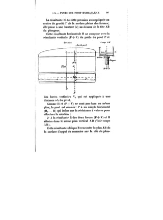 !i 5. POXTS SUR PIVOT HYDRAULIQUE 367 
La résultantc H de cette pression est appliquée au 
centre de gravité I' de la surface pleine des fermes; 
elle passe à une hauteur (c) au-dessus de la tête AB 
du plongeur. 
Cette résultante horizontale H se compose avec la 
résultante verticale (P+Y) du poids du pont P et 
E~a)iott Coupe A'B' 
des forces verticales V, qui est appliquée a une 
distance <</) du pivot. 
Comme Il et <~+V) ne sont pas dans un même 
plan, le pont est soumis t° a un couple !<orixontat 
(! – ït) qui inf!uc sur la résistance a vaincre pour 
effectuer la rotation 
2' A la résultante R des deux forces (P+V) et H 
situées dans le même plan vertical AH (Voir coupe 
Ait). 
Cetterésultante oblique R rencontre le plan AU de 
lu surface d'appui du sommier sur la tôtc du plon- 
 