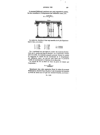 ANXEXE VIU 429 
Le moment fléchissant maximum que peut eapporter la poutre, 
les fers travaillant & 6 kUogrammes par millimètre carré, est 
i2.e"o.Me t1 
i~ 
-.tt~t~wt~~Mft~tt~~<~tM.!M< .tM<~< 
Au centre du chevêlre, il faut sept semelles de 0-,t2 d'épaisseur 
haut et bas on a alors 
b 2,30 A~t.468 
t' =),3S2 /==t.30 t =0.2)0~0 
~'=0.S '==i,2~ M~t.~O.MO 
t"'==e.t)i8 A'"==i,))2 
"n a représenté sur une épure la courbe des moments fléchis-sants 
qui se produisent dans le chevëtre; on a représente, d'autre 
part, la courbe das moments auxquels pourrait résister la poutre 
en supposant le travail du fer exactement de <; tdtogramme~ 
par mtHimUre carré; on voit sur cette épure que la prenu' re 
courbe est constamment à l'intérieur de la deuxième. 
Le travail du fer au droit de l'axe du pivot est donné par 
t'expression 
RH, MA/e 
a.MO.MO t 
Remplaçant dans cette expression M par la valeur du moment 
ttechissant au droit de l'axe du pivot, A par la hauteur de la poutre 
au droit du même axe et par son moment d'inertie, on trouve 
R ~= ~,33 
 