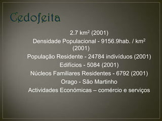2.7 km2 (2001)
  Densidade Populacional - 9156.9hab. / km2
                 (2001)
População Residente - 24784 indivíduos (2001)
            Edifícios - 5084 (2001)
 Núcleos Familiares Residentes - 6792 (2001)
            Orago - São Martinho
Actividades Económicas – comércio e serviços
 