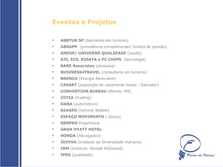 Eventos e Projetos ABBTUR SP  (bacharéis em turismo)   ABRAPP   (previdência complementar/ fundos de pensão)  AMESP/ UNIVERSO QUALIDADE  (saúde)   ATI, ECS, RIDATA e PC CHIPS   (tecnologia)  BARE Associates  (pesquisa) BUSINESS4TRAVEL  (consultoria em turismo)  BRENCO  (Energia Renovável)   CASART  (exposição de casamento festas - Salvador) CONVENTION BUREAU  (Bonito, MS)  COTIA  (trading) DANA  (automotivo)  DIAGEO  (Johnnie Walker) ESPAÇO MOVIMENTO  ( dança)  GENPRO  Engenharia  GRAN HYATT HOTEL   HONDA  (Advogados)  IDIVHA  (Instituto da Diversidade Humana)  IRM  (Instituto  Ronald McDonald)  IPEG  (qualidade) 
