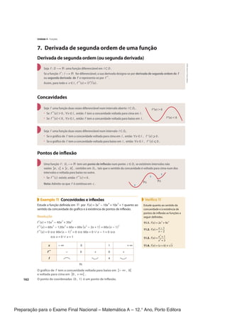 Preparação para o Exame Final Nacional – Matemática A – 12.° Ano, Porto Editora
162
7. Derivada de segunda ordem de uma função
Derivada de segunda ordem (ou segunda derivada)
Seja f : D → ℝ uma função diferenciável em I ⊂ D .
Se a função f': I → ℝ for diferenciável, a sua derivada designa-se por derivada de segunda ordem de f
ou segunda derivada de f e representa-se por f ".
Assim, para todo o x ∈ I , f "(x) = (f')'(x) .
Concavidades
Seja f uma função duas vezes diferenciável num intervalo aberto I ⊂ Df .
• Se f "(x) > 0 , ∀x ∈ I , então f tem a concavidade voltada para cima em I .
• Se f "(x) < 0 , ∀x ∈ I , então f tem a concavidade voltada para baixo em I .
f ''(x) > 0
f ''(x) < 0
Seja f uma função duas vezes diferenciável num intervalo I ⊂ Df .
• Se o gráfico de f tem a concavidade voltada para cima em I , então ∀x ∈ I , f″(x) ≥ 0 .
• Se o gráfico de f tem a concavidade voltada para baixo em I , então ∀x ∈ I , f″(x) ≤ 0 .
Pontos de inflexão
Uma função f : Df → ℝ tem um ponto de inflexão num ponto c ∈ Df se existirem intervalos não
vazios ]a , c[ e ]c , b[ , contidos em Df , tais que o sentido da concavidade é voltado para cima num dos
intervalos e voltada para baixo no outro.
• Se f "(c) existir, então f "(c) = 0 .
Nota: Admite-se que f é contínua em c . P.I. P.I.
Exemplo 11 Concavidades e inflexões
Estude a função definida em ℝ por f(x) = 3x
5
− 10x
4
+ 10x
3
+ 1 quanto ao
sentido da concavidade do gráfico e à existência de pontos de inflexão.
Resolução
f'(x) = 15x
4
− 40x
3
+ 30x
2
f "(x) = 60x
3
− 120x
2
+ 60x = 60x(x
2
− 2x + 1) = 60x(x − 1)
2
f "(x) = 0 ⇔ 60x(x - 1)
2
= 0 ⇔ 60x = 0 ∨ x - 1 = 0 ⇔
⇔ x = 0 ∨ x = 1
x - ∞ 0 1 + ∞
f " - 0 + 0 +
f 4
P.I.
O gráfico de f tem a concavidade voltada para baixo em ]− ∞ , 0[
e voltada para cima em ]0 , + ∞[ .
O ponto de coordenadas (0 , 1) é um ponto de inflexão.
Verifica 11
Estude quanto ao sentido da
concavidade e à existência de
pontos de inflexão as funções a
seguir definidas.
11.1. f(x) = 2x
3
+ 9x
2
11.2. f(x) = x − 1
____
x − 2
11.3. f(x) = x
2
+ 1
_____
x
2
+ 3
11.4. f(x) = (x + 6) ×√
__
x
Unidade 4 · Funções
CPEN-MA12
©
Porto
Editora
CPENMA12_20174127_TEXTO_U4_T3_2P.indd 162 06/08/2018 15:23
 