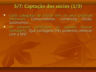 5/7: Capta5/7: Captação dos sóciosção dos sócios (1/3)(1/3)
 Cada categoria de sócios tem os seus própriosCada categoria de sócios tem os seus próprios
interesses:interesses: Consumidores, comércios locais,Consumidores, comércios locais,
autónomos…autónomos…
 As pessoas participam só quando houverAs pessoas participam só quando houver
vantagens:vantagens: Que vantagens lhesQue vantagens lhes podemos oferecerpodemos oferecer
com a MS?com a MS?
 