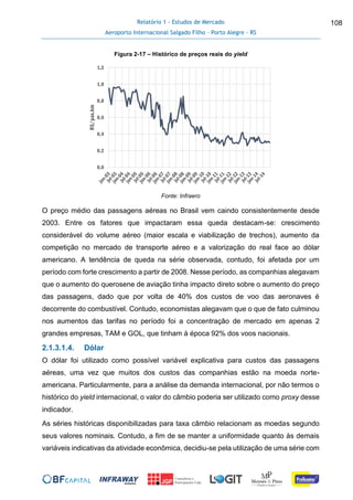 Relatório 1 - Estudos de Mercado
Aeroporto Internacional Salgado Filho – Porto Alegre - RS
108
Figura 2-17 – Histórico de preços reais do yield
Fonte: Infraero
O preço médio das passagens aéreas no Brasil vem caindo consistentemente desde
2003. Entre os fatores que impactaram essa queda destacam-se: crescimento
considerável do volume aéreo (maior escala e viabilização de trechos), aumento da
competição no mercado de transporte aéreo e a valorização do real face ao dólar
americano. A tendência de queda na série observada, contudo, foi afetada por um
período com forte crescimento a partir de 2008. Nesse período, as companhias alegavam
que o aumento do querosene de aviação tinha impacto direto sobre o aumento do preço
das passagens, dado que por volta de 40% dos custos de voo das aeronaves é
decorrente do combustível. Contudo, economistas alegavam que o que de fato culminou
nos aumentos das tarifas no período foi a concentração de mercado em apenas 2
grandes empresas, TAM e GOL, que tinham à época 92% dos voos nacionais.
2.1.3.1.4. Dólar
O dólar foi utilizado como possível variável explicativa para custos das passagens
aéreas, uma vez que muitos dos custos das companhias estão na moeda norte-
americana. Particularmente, para a análise da demanda internacional, por não termos o
histórico do yield internacional, o valor do câmbio poderia ser utilizado como proxy desse
indicador.
As séries históricas disponibilizadas para taxa câmbio relacionam as moedas segundo
seus valores nominais. Contudo, a fim de se manter a uniformidade quanto às demais
variáveis indicativas da atividade econômica, decidiu-se pela utilização de uma série com
0,0
0,2
0,4
0,6
0,8
1,0
1,2
R$/pax.km
 