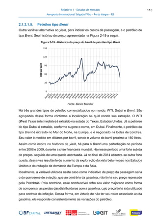 Relatório 1 - Estudos de Mercado
Aeroporto Internacional Salgado Filho – Porto Alegre - RS
110
2.1.3.1.5. Petróleo tipo Brent
Outra variável alternativa ao yield, para indicar os custos da passagem, é o petróleo do
tipo Brent. Seu histórico de preço, apresentado na Figura 2-19 a seguir.
Figura 2-19 - Histórico do preço do barril de petróleo tipo Brent
Fonte: Banco Mundial
Há três grandes tipos de petróleo comercializados no mundo: WTI, Dubai e Brent. São
agrupados dessa forma conforme a localização na qual ocorre sua extração. O WTI
(West Texas Intermediate) é extraído no estado do Texas, Estados Unidos. Já o petróleo
do tipo Dubai é extraído, conforme sugere o nome, em Dubai. Finalmente, o petróleo do
tipo Brent é extraído no Mar do Norte, na Europa, e é negociado na Bolsa de Londres.
Seu valor é medido em dólares por barril, sendo o volume do barril próximo a 160 litros.
Assim como ocorre no histórico de yield, há para o Brent uma perturbação no período
entre 2008 e 2009, durante a crise financeira mundial. Há nesse período uma forte subida
de preços, seguida de uma queda acentuada. Já no final de 2014 observa-se outra forte
queda, dessa vez resultante do aumento da exploração do xisto betuminoso nos Estados
Unidos e da redução da demanda da Europa e da Ásia.
Idealmente, a variável utilizada neste caso como indicativo de preço da passagem seria
o do querosene de aviação, que ao contrário da gasolina, não tinha seu preço represado
pela Petrobrás. Pelo contrário, esse combustível tinha seu valor majorado como forma
de compensar as perdas das distribuidoras com a gasolina, cujo preço tinha sido utilizado
para controle da inflação. Dessa forma, em virtude de não ter seu valor associado ao da
gasolina, ele responde consistentemente às variações do petróleo.
0
30
60
90
120
150
USDporbarril
 