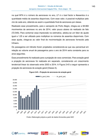 Relatório 1 - Estudos de Mercado
Aeroporto Internacional Salgado Filho – Porto Alegre - RS
145
na qual MTA é o número de aeronaves no ano, LF é o load factor e #assentos é a
quantidade média de assentos disponíveis. Com esse valor, é possível multiplicar pelo
mix de cada ano, obtendo-se assim a quantidade final de aeronaves por classe.
Realizado esse procedimento, para o aeroporto de Porto Alegre, chegou-se a 68.960
movimentos de aeronave no ano de 2014, valor pouco abaixo do realizado de fato
(72.549). Para contornar essa imprecisão na estimativa, adotou-se um fator de ajuste
igual a 1,05 a ser utilizado para multiplicar os números de assentos disponíveis. Com
esse ajuste, chega-se ao valor final de movimentação de aeronaves fornecido pela
Infraero.
Os passageiros em trânsito foram projetados considerando-se que seu percentual em
relação ao volume anual de passageiros para o ano de 2014 seria constante para os
anos seguintes.
Esse procedimento foi realizado para a projeção de voos comerciais. Para aviação geral
a projeção de aeronaves foi realizada em separado, considerando um crescimento
tendencial linear do observado entre 2003 e 2014. A Figura 2-43 a seguir apresenta a
projeção de aeronaves de aviação geral (Classe A).
Figura 2-43 – Projeção de aeronaves de aviação geral
Fonte: Elaboração própria a partir de dados fornecidos pela SAC
0
2.000
4.000
6.000
8.000
10.000
12.000
14.000
16.000
18.000
20.000
Av_geral_histo Av_geral_proj
 