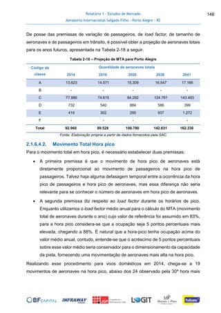 Relatório 1 - Estudos de Mercado
Aeroporto Internacional Salgado Filho – Porto Alegre - RS
146
De posse das premissas de variação de passageiros, de load factor, de tamanho de
aeronaves e de passageiros em trânsito, é possível obter a projeção de aeronaves totais
para os anos futuros, apresentada na Tabela 2-18 a seguir.
Tabela 2-18 – Projeção de MTA para Porto Alegre
Código de
classe
Quantidade de aeronaves totais
2014 2016 2026 2036 2041
A 13.823 14.071 15.309 16.547 17.166
B - - - - -
C 77.986 74.615 84.292 124.761 143.493
D 732 540 884 586 399
E 419 302 295 937 1.272
F - - - - -
Total 92.960 89.528 100.780 142.831 162.330
Fonte: Elaboração própria a partir de dados fornecidos pela SAC
2.1.6.4.2. Movimento Total Hora pico
Para o movimento total em hora pico, é necessário estabelecer duas premissas:
 A primeira premissa é que o movimento de hora pico de aeronaves está
diretamente proporcional ao movimento de passageiros na hora pico de
passageiros. Talvez haja alguma defasagem temporal entre a ocorrência da hora
pico de passageiros e hora pico de aeronaves, mas essa diferença não seria
relevante para se conhecer o número de aeronaves em hora pico de aeronaves.
 A segunda premissa diz respeito ao load factor durante os horários de pico.
Enquanto utilizamos o load factor médio anual para o cálculo do MTA (movimento
total de aeronaves durante o ano) cujo valor de referência foi assumido em 83%,
para a hora pico considera-se que a ocupação seja 5 pontos percentuais mais
elevada, chegando a 88%. É natural que a hora-pico tenha ocupação acima do
valor médio anual, contudo, entende-se que o acréscimo de 5 pontos percentuais
sobre esse valor médio seria conservador para o dimensionamento da capacidade
da pista, fornecendo uma movimentação de aeronaves mais alta na hora pico.
Realizando esse procedimento para voos domésticos em 2014, chega-se a 19
movimentos de aeronaves na hora pico, abaixo dos 24 observado pela 30ª hora mais
 