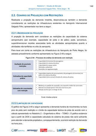 Relatório 1 - Estudos de Mercado
Aeroporto Internacional Salgado Filho – Porto Alegre - RS
149
2.2. CENÁRIO DE PROJEÇÃO COM RESTRIÇÕES
Realizada a projeção da demanda irrestrita, desenvolveu-se também a demanda
considerando as restrições de infraestrutura existentes no Aeroporto Internacional
Salgado Filho, apresentada nos itens a seguir.
2.2.1.ABORDAGEM DA PROJEÇÃO
A projeção de demanda sem considerar as restrições de capacidade do sistema
aeroportuário (por exemplo, capacidade de pista e de pátio), pode, porventura,
superdimensionar receitas associadas tanto as atividades aeroportuárias quanto a
atividades não-tarifárias no sítio do aeroporto.
Para levar em conta as restrições de infraestrutura do Aeroporto de Porto Alegre, foi
adotado procedimento conforme apresentado na Figura 2-44 a seguir,
Figura 2-44 – Processo de análise da demanda com restrição
Fonte: Análise própria
2.2.2.LIMITAÇÃO DE CAPACIDADE
O gráfico da Figura 2-45 a seguir apresenta a demanda horária de movimentos na hora
pico de pista sem restrição e o limite da capacidade teórica da pista de acordo com o
cálculo apresentado no Relatório 2 – Engenharia e Afins – TOMO I. O gráfico evidencia
que a partir de 2035 a capacidade calculada do sistema de pistas não será suficiente
para atender a demanda projetada e, consequentemente, ocorrerá restrição da demanda
na hora pico.
 