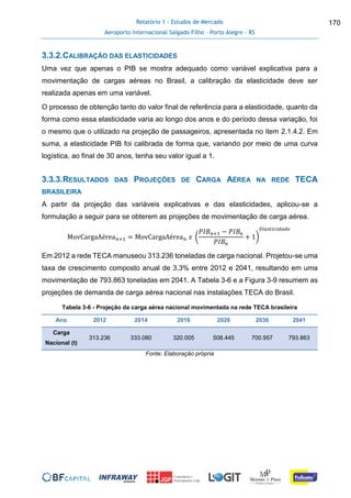Relatório 1 - Estudos de Mercado
Aeroporto Internacional Salgado Filho – Porto Alegre - RS
170
3.3.2.CALIBRAÇÃO DAS ELASTICIDADES
Uma vez que apenas o PIB se mostra adequado como variável explicativa para a
movimentação de cargas aéreas no Brasil, a calibração da elasticidade deve ser
realizada apenas em uma variável.
O processo de obtenção tanto do valor final de referência para a elasticidade, quanto da
forma como essa elasticidade varia ao longo dos anos e do período dessa variação, foi
o mesmo que o utilizado na projeção de passageiros, apresentada no item 2.1.4.2. Em
suma, a elasticidade PIB foi calibrada de forma que, variando por meio de uma curva
logística, ao final de 30 anos, tenha seu valor igual a 1.
3.3.3.RESULTADOS DAS PROJEÇÕES DE CARGA AÉREA NA REDE TECA
BRASILEIRA
A partir da projeção das variáveis explicativas e das elasticidades, aplicou-se a
formulação a seguir para se obterem as projeções de movimentação de carga aérea.
MovCargaAérea 𝑛+1 = MovCargaAérea 𝑛 𝑥 (
𝑃𝐼𝐵 𝑛+1 − 𝑃𝐼𝐵𝑛
𝑃𝐼𝐵𝑛
+ 1)
𝐸𝑙𝑎𝑠𝑡𝑖𝑐𝑖𝑑𝑎𝑑𝑒
Em 2012 a rede TECA manuseou 313.236 toneladas de carga nacional. Projetou-se uma
taxa de crescimento composto anual de 3,3% entre 2012 e 2041, resultando em uma
movimentação de 793.863 toneladas em 2041. A Tabela 3-6 e a Figura 3-9 resumem as
projeções de demanda de carga aérea nacional nas instalações TECA do Brasil.
Tabela 3-6 - Projeção da carga aérea nacional movimentada na rede TECA brasileira
Ano 2012 2014 2016 2026 2036 2041
Carga
Nacional (t)
313.236 333.080 320.005 508.445 700.957 793.863
Fonte: Elaboração própria
 