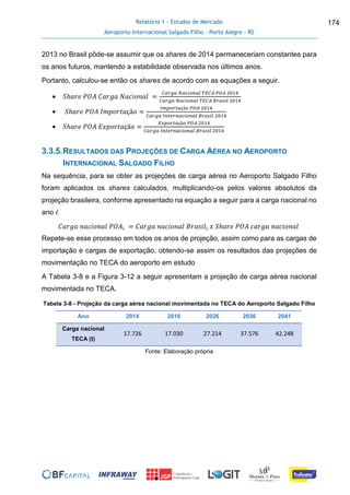 Relatório 1 - Estudos de Mercado
Aeroporto Internacional Salgado Filho – Porto Alegre - RS
174
2013 no Brasil pôde-se assumir que os shares de 2014 permaneceriam constantes para
os anos futuros, mantendo a estabilidade observada nos últimos anos.
Portanto, calculou-se então os shares de acordo com as equações a seguir.
 𝑆ℎ𝑎𝑟𝑒 𝑃𝑂𝐴 𝐶𝑎𝑟𝑔𝑎 𝑁𝑎𝑐𝑖𝑜𝑛𝑎𝑙 =
𝐶𝑎𝑟𝑔𝑎 𝑁𝑎𝑐𝑖𝑜𝑛𝑎𝑙 𝑇𝐸𝐶𝐴 𝑃𝑂𝐴 2014
𝐶𝑎𝑟𝑔𝑎 𝑁𝑎𝑐𝑖𝑜𝑛𝑎𝑙 𝑇𝐸𝐶𝐴 𝐵𝑟𝑎𝑠𝑖𝑙 2014
 𝑆ℎ𝑎𝑟𝑒 𝑃𝑂𝐴 𝐼𝑚𝑝𝑜𝑟𝑡𝑎çã𝑜 =
𝐼𝑚𝑝𝑜𝑟𝑡𝑎çã𝑜 𝑃𝑂𝐴 2014
𝐶𝑎𝑟𝑔𝑎 𝐼𝑛𝑡𝑒𝑟𝑛𝑎𝑐𝑖𝑜𝑛𝑎𝑙 𝐵𝑟𝑎𝑠𝑖𝑙 2014
 𝑆ℎ𝑎𝑟𝑒 𝑃𝑂𝐴 𝐸𝑥𝑝𝑜𝑟𝑡𝑎çã𝑜 =
𝐸𝑥𝑝𝑜𝑟𝑡𝑎çã𝑜 𝑃𝑂𝐴 2014
𝐶𝑎𝑟𝑔𝑎 𝐼𝑛𝑡𝑒𝑟𝑛𝑎𝑐𝑖𝑜𝑛𝑎𝑙 𝐵𝑟𝑎𝑠𝑖𝑙 2014
3.3.5.RESULTADOS DAS PROJEÇÕES DE CARGA AÉREA NO AEROPORTO
INTERNACIONAL SALGADO FILHO
Na sequência, para se obter as projeções de carga aérea no Aeroporto Salgado Filho
foram aplicados os shares calculados, multiplicando-os pelos valores absolutos da
projeção brasileira, conforme apresentado na equação a seguir para a carga nacional no
ano i:
𝐶𝑎𝑟𝑔𝑎 𝑛𝑎𝑐𝑖𝑜𝑛𝑎𝑙 𝑃𝑂𝐴𝑖 = 𝐶𝑎𝑟𝑔𝑎 𝑛𝑎𝑐𝑖𝑜𝑛𝑎𝑙 𝐵𝑟𝑎𝑠𝑖𝑙𝑖 𝑥 𝑆ℎ𝑎𝑟𝑒 𝑃𝑂𝐴 𝑐𝑎𝑟𝑔𝑎 𝑛𝑎𝑐𝑖𝑜𝑛𝑎𝑙
Repete-se esse processo em todos os anos de projeção, assim como para as cargas de
importação e cargas de exportação, obtendo-se assim os resultados das projeções de
movimentação no TECA do aeroporto em estudo
A Tabela 3-8 e a Figura 3-12 a seguir apresentam a projeção de carga aérea nacional
movimentada no TECA.
Tabela 3-8 - Projeção da carga aérea nacional movimentada no TECA do Aeroporto Salgado Filho
Ano 2014 2016 2026 2036 2041
Carga nacional
TECA (t)
17.726 17.030 27.214 37.576 42.248
Fonte: Elaboração própria
 