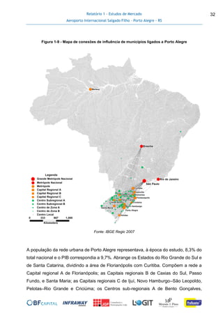 Relatório 1 - Estudos de Mercado
Aeroporto Internacional Salgado Filho – Porto Alegre - RS
32
Figura 1-9 - Mapa de conexões de influência de municípios ligados a Porto Alegre
Fonte: IBGE Regic 2007
A população da rede urbana de Porto Alegre representava, à época do estudo, 8,3% do
total nacional e o PIB correspondia a 9,7%. Abrange os Estados do Rio Grande do Sul e
de Santa Catarina, dividindo a área de Florianópolis com Curitiba. Compõem a rede a
Capital regional A de Florianópolis; as Capitais regionais B de Caxias do Sul, Passo
Fundo, e Santa Maria; as Capitais regionais C de Ijuí, Novo Hamburgo–São Leopoldo,
Pelotas–Rio Grande e Criciúma; os Centros sub-regionais A de Bento Gonçalves,
 