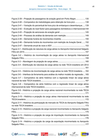 Relatório 1 - Estudos de Mercado
Aeroporto Internacional Salgado Filho – Porto Alegre - RS
vii
Figura 2-39 – Projeção de passageiros de aviação geral em Porto Alegre.................135
Figura 2-40 – Comparativo de metodologias para obtenção da hora pico ..................138
Figura 2-41 – Variação do percentual de hora pico de embarque e desembarque.....139
Figura 2-42 – Evolução do load factor para passageiros domésticos e internacionais144
Figura 2-43 – Projeção de aeronaves de aviação geral ..............................................145
Figura 2-44 – Processo de análise da demanda com restrição...................................149
Figura 2-45 – Demanda horária de movimentos irrestrita ...........................................150
Figura 2-46 – Demanda horária de movimentos com restrição de Aviação Geral.......152
Figura 2-47 – Demanda anual de voos e ASV ............................................................153
Figura 3-1 - Distribuição da natureza da carga aérea no Aeroporto Internacional Salgado
Filho em 2014..............................................................................................................157
Figura 3-2 – Histórico da movimentação de carga aérea no Aeroporto Internacional
Salgado Filho...............................................................................................................159
Figura 3-3 – Abordagem da projeção de carga aérea .................................................160
Figura 3-4 - Distribuição da natureza da carga aérea na rede TECA brasileira em 2012
....................................................................................................................................161
Figura 3-5 – Histórico da movimentação de carga aérea na rede TECA brasileira .....162
Figura 3-6 – Interface da ferramenta para análise do melhor modelo de regressão ...165
Figura 3-7 – Comparativo da série histórica com a regressão linear da carga aérea
nacional da rede TECA brasileira................................................................................167
Figura 3-8 – Comparativo da série histórica com a regressão linear de carga aérea
internacional da rede TECA brasileira .........................................................................168
Figura 3-9 - Histórico e projeção da carga aérea nacional movimentada na rede TECA
brasileira......................................................................................................................171
Figura 3-10 - Histórico e projeção da carga aérea internacional movimentada na rede
TECA brasileira ...........................................................................................................172
Figura 3-11 - Histórico da participação de mercado do TECA do Aeroporto Salgado Filho
na rede TECA brasileira ..............................................................................................173
Figura 3-12 - Histórico e projeção da carga nacional movimentada no Aeroporto Salgado
Filho.............................................................................................................................175
Figura 3-13 - Histórico e projeção da carga de importação movimentada no Aeroporto
Salgado Filho...............................................................................................................176
Figura 3-14 - Histórico e projeção da carga de exportação movimentada no Aeroporto
Salgado Filho...............................................................................................................177
 