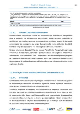 Relatório 1 - Estudos de Mercado
Aeroporto Internacional Salgado Filho – Porto Alegre - RS
82
"Art. 29. As Macrozonas dividem o território municipal em:
[...] II – Macrozona 2 – Corredor de Desenvolvimento: constitui a área entre a BR–290, a Av. Sertório e a Av.
Assis Brasil, sendo estratégica para empreendimentos auto–sustentáveis de polarização metropolitana, com
integração de equipamentos como o Aeroporto e as Centrais de Abastecimento do Rio Grande do Sul – CEASA
S.A."
Viamão SIM NÃO
LEI Nº 3.530/2006
"Art. 293 [...] VI - articulação com Planos e Programas da Região Metropolitana de Porto Alegre;"
Fonte: Elaboração própria
1.3.3.3. O PLANO DIRETOR AEROPORTUÁRIO
O Plano Diretor Aeroportuário – PDIR é o documento que estabelece o planejamento
para a expansão da infraestrutura aeroportuária, sendo requisito obrigatório os
aeródromos que recebem voos de empresas aéreas prestando serviço de transporte
aéreo regular de passageiros ou carga. Sua aprovação é uma atribuição da ANAC,
ficando a cargo dos operadores sua elaboração e submissão para análise.
Embora o Aeroporto Salgado Filho não possua Plano Diretor Aeroportuário aprovado,
uma minuta do documento, contendo o planejamento de adequação de infraestrutura
aeroportuária, já foi submetida à ANAC. No entanto, a inclusão do aeroporto no programa
de concessões federais altera esse processo, sendo que os estudos elaborados para
novo programa de exploração aeroportuária deverão nortear o desenvolvimento e a nova
exploração do sitio.
1.3.4.VOCAÇÃO PARA O DESENVOLVIMENTO DO SÍTIO AEROPORTUÁRIO
1.3.4.1. CONCEITOS
Com base na análise e avaliação das principais características do aeroporto, seu padrão
de movimentação, bem como sua inserção regional e urbana, é possível identificar a
vocação para o desenvolvimento do sítio aeroportuário.
A menção incipiente ao aeroporto nos instrumentos de regulação urbanística dá o
indicativo que pouco se considera esse elemento como fundante de um potencial vetor
de crescimento. Além disso, o perfil dos usuários e da movimentação de passageiros,
com características mais ligadas ao turismo que aos negócios, indicam a necessidade
de desenvolvimento de um plano de investimentos que se restringe a um mix de oferta
de produtos e serviços adequados para esse segmento.
 