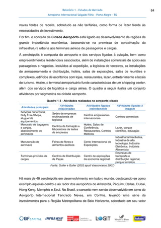 Relatório 1 - Estudos de Mercado
Aeroporto Internacional Salgado Filho – Porto Alegre - RS
84
novas fontes de receita, sobretudo as não tarifárias, como forma de fazer frente às
necessidades de investimento.
Por fim, o conceito de Cidade Aeroporto está ligado ao desenvolvimento de regiões de
grande importância econômica, baseando-se na premissa de aproximação da
infraestrutura urbana aos terminais aéreos de passageiros e cargas.
A aerotrópolis é composta do aeroporto e dos serviços ligados à aviação, bem como
empreendimentos residenciais associados, além de instalações comerciais de apoio aos
passageiros e negócios, incluídos aí expedição, a logística de terceiros, as instalações
de armazenamento e distribuição, hotéis, salas de exposições, salas de reuniões e
complexos, edifícios de escritórios com lojas, restaurantes, lazer, entretenimento e locais
de turismo. Assim, o terminal aeroportuário funde características de um shopping center,
além dos serviços de logística e carga aérea. O quadro a seguir ilustra um conjunto
atividades por segmentos na cidade aeroporto.
Quadro 1-3 - Atividades realizadas no aeroporto-cidade
Atividades principais
Atividades
relacionadas
Atividades ligadas
indiretamente
Atividades ligadas à
imagem
Serviços no terminal,
Duty Free Shops,
aluguel de
equipamentos
Sedes de empresas
multinacionais de
logística
Centros empresariais
internacionais
Centros comerciais
Manuseio de bagagens
e cargas,
abastecimento de
aeronaves
Centros de formação e
laboratórios de testes
de empresas
Hotéis, Salas de
Conferência,
Restaurantes, Centros
Médicos
Lazer, parque
científico, educação
Manutenção de
aeronave
Feiras de flores e
alimentos exóticos
Cento Internacional de
Exposições
Indústria farmacêutica,
Indústria de alta
tecnologia, Indústria
Eletrônica, Indústria
Alimentícia
Terminais providos de
cargas
Centros de Distribuição
de Peças
Centro de exposições
da economia regional
Empresas de
transporte e
distribuição regional,
parque temático
Fonte: Guller e Guller (2002 apud Vasconcelos 2007)
Há mais de 40 aerotrópolis em desenvolvimento em todo o mundo, destacando-se como
exemplo aquelas dentro e ao redor dos aeroportos de Amsterdã, Pequim, Dallas, Dubai,
Hong Kong, Memphis e Seul. No Brasil, o conceito vem sendo desenvolvido em torno do
Aeroporto Internacional Tancredo Neves, em Confins, levando uma série de
investimentos para a Região Metropolitana de Belo Horizonte, sobretudo em seu vetor
 