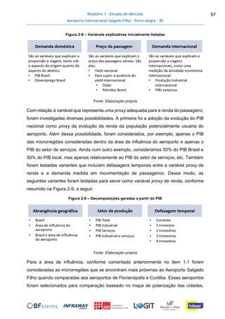 Relatório 1 - Estudos de Mercado
Aeroporto Internacional Salgado Filho – Porto Alegre - RS
97
Figura 2-8 – Variáveis explicativas inicialmente listadas
Fonte: Elaboração própria
Com relação à variável que representa uma proxy adequada para a renda do passageiro,
foram investigadas diversas possibilidades. A primeira foi a adoção da evolução do PIB
nacional como proxy da evolução da renda da população potencialmente usuária do
aeroporto. Além dessa possibilidade, foram considerados, por exemplo, apenas o PIB
das microrregiões consideradas dentro da área de influência do aeroporto e apenas o
PIB do setor de serviços. Ainda num outro exemplo, consideramos 50% do PIB Brasil e
50% do PIB local, mas apenas relativamente ao PIB do setor de serviços, etc. Também
foram testadas variantes que incluíam defasagens temporais entre a variável proxy de
renda e a demanda medida em movimentação de passageiros. Desse modo, as
seguintes variantes foram testadas para servir como variável proxy de renda, conforme
resumido na Figura 2-9, a seguir.
Figura 2-9 – Decomposições geradas a partir do PIB
Fonte: Elaboração própria
Para a área de influência, conforme comentado anteriormente no item 1.1 foram
consideradas as microrregiões que se encontram mais próximas ao Aeroporto Salgado
Filho quando comparadas aos aeroportos de Florianópolis e Curitiba. Esses aeroportos
foram selecionados para comparação baseado no mapa de polarização das cidades,
 