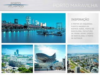 INSPIRAÇÃO
A PARTIR DA ESQUERDA:
PUERTO MADERO EM
BUENOS AIRES, PORTO DE
BARCELONA, ESCULTURA
DE FRANK GEHRY (PORTO
DE BARCELONA) E PORTO
DE ROTERDÃ
 