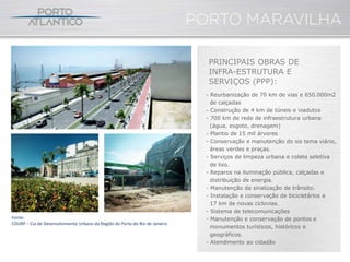 PRINCIPAIS OBRAS DE
                                                                             INFRA-ESTRUTURA E
                                                                             SERVIÇOS (PPP):
                                                                             - Reurbanização de 70 km de vias e 650.000m2
                                                                               de calçadas
                                                                             - Construção de 4 km de túneis e viadutos
                                                                             - 700 km de rede de infraestrutura urbana
                                                                               (água, esgoto, drenagem)
                                                                             - Plantio de 15 mil árvores
                                                                             - Conservação e manutenção do sis tema viário,
                                                                               áreas verdes e praças.
                                                                             - Serviços de limpeza urbana e coleta seletiva
                                                                               de lixo.
                                                                             - Reparos na iluminação pública, calçadas e
                                                                               distribuição de energia.
                                                                             - Manutenção da sinalização de trânsito.
                                                                             - Instalação e conservação de bicicletários e
                                                                               17 km de novas ciclovias.
                                                                             - Sistema de telecomunicações
Fonte:                                                                       - Manutenção e conservação de pontos e
CDURP – Cia de Desenvolvimento Urbano da Região do Porto do Rio de Janeiro
                                                                               monumentos turísticos, históricos e
                                                                               geográficos.
                                                                             - Atendimento ao cidadão
 