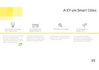 A EY detém um centro de aconselhamento
na criação e implementação de
estratégias de inovação em Smart Cities,
tendo desenvolvido projectos em diversas
cidades, como Kazan (Rússia)
EY CENTRE FOR SMART
CITY INNOVATION
EY CENTRE FOR
SMART MOBILITY
A EY apoiou na implementação de
soluções de Smart Ticketing e Smart
Transportation em múltiplas cidades e
empresas de transportes mundiais
EY SMART CITY INDEX
A EY desenvolveu um index que permite
avaliar a performance de cada cidade no
campo das Smart Cities
EY ROADMAP TO
SMART CITY
A EY apoiou múltiplas cidades no
desenvolvimento e implementação de
estratégias de longo prazo adaptadas às
suas características e necessidades
A EY em Smart Cities
 