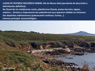 LUGAR DE INTERESE XEOLÓXICO GM046. Ría de Muros-Noia (pendente de descrición e
delimitación definitiva).
No litoral da ría combínanse cantís, plataformas litorais, praias-barreira, lagoas,
esteiros... Destaca a importancia das paleoformas que aparecen debido ao retroceso
dos depósitos sedimentarios (paleoacantís rochosos, furnas...).
Interese principal: xeomorfológico.
Furna da Laxe
 