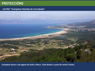 PROTECCIÓNS
LIC/ZEC “Complexo Húmido de Corrubedo”
Complexo dunar e de lagoas de Xuño e Muro. Vista desde o cume do monte Taúme.
 