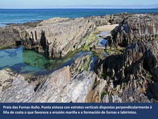 Praia das Furnas-Xuño. Punta xistosa con estratos verticais dispostos perpendicularmente á
liña de costa o que favorece a erosión mariña e a formación de furnas e labirintos.
 