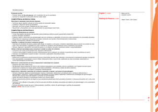 Produção escrita:
– Produzir textos de 50 a 90 palavras, com vocabulário de uso do quotidiano
– Escrever ou responder a uma carta informal, email, tweet
COMPETÊNCIA INTERCULTURAL
Reconhecer realidades interculturais distintas:
– Conhecer alguns aspetos culturais de vários países de expressão inglesa
– Conhecer e descrever temas da atualidade
– Descrever, de forma sumária, tradições do seu meio cultural
– Reconhecer a diversidade como uma oportunidade de aprendizagem para todos
COMPETÊNCIA ESTRATÉGICA
Comunicar eficazmente em contexto:
– Trocar informações relevantes e dar opiniões sobre problemas práticos quando questionado diretamente
– Exprimir situações hipotéticas
– Preparar, repetir e memorizar uma apresentação oral com confiança e criatividade, à turma e/ou outros elementos da comunidade educativa
– Responder com segurança a perguntas colocadas, revelando uma opinião crítica devidamente fundamentada
– Reagir a sentimentos e atitudes do interlocutor
Trabalhar e colaborar em pares e pequenos grupos:
– Participar em atividades de pares e grupos para atingir um objetivo a curto prazo, revelando capacidade para se colocar na posição do outro
– Pedir e dar informações e sugestões de modo a analisar um problema sob perspetivas novas e expressar a sua opinião
– Planear, organizar e apresentar uma tarefa de pares ou um trabalho de grupo, partilhando tarefas e responsabilidades
Utilizar a literacia tecnológica para comunicar e aceder ao saber em contexto:
– Comunicar com outros a uma escala local, nacional e internacional
– Contribuir para projetos e tarefas de grupo interdisciplinares que se apliquem ao contexto e experiências reais e quotidianas do aluno
– Participar num WebQuest e aceder ao saber, recorrendo a aplicações informáticas online
Pensar criticamente:
– Desenvolver a autonomia e perseverança de forma a demonstrar atitudes mais tolerantes, reconhecendo e respeitando opiniões divergentes
– Ouvir atentamente, compreender o outro e refletir criticamente sobre o que foi dito, justificando as suas conclusões, associando as
novas aprendizagens às anteriores
Relacionar conhecimentos de forma a desenvolver criatividade em contexto:
– Pesquisar para obter ideias novas
– Reinterpretar ideias existentes de modo a criar produtos adequados à sua realidade cultural e quotidiana, com impacto nos seus pares
– Desenvolver a literacia em língua inglesa, lendo textos publicitários, informativos e textos de leitura extensiva
– Desenvolver e participar em projetos e atividades interdisciplinares
Desenvolver o aprender a aprender em contexto e aprender a regular o processo de aprendizagem:
– Discutir e selecionar objetivos de aprendizagem comuns e individuais; desenvolver uma atitude ativa e confiante relativamente à
aprendizagem; monitorizar / avaliar progressos e dificuldades na língua inglesa, registando e selecionando estratégias de aprendizagem
eficazes para superar essas dificuldades e consolidar as aprendizagens
– Utilizar dicionários bilingues e monolingues (online e em suporte papel)
– Utilizar conhecimentos prévios da língua e a sua experiência pessoal para fazer previsões de sentido e comunicar de acordo com o seu nível
de ensino
– Participar numa reflexão e discussão no final da aula para identificar atividades associadas aos objetivos de aprendizagem e ao cumprimento
dos mesmos
– Realizar atividades simples de auto e heteroavaliação: portefólios, diários de aprendizagem e grelhas de progressão
Tópicos: ACPA: A; B; C; D; E; F; G; H; I
English + (1 aula)
Reading for Pleasure (1 aula)
– Make and Do
– Question words
– Paper Towns, John Green
P
l
a
n
s
ENGA8©PortoEditora
 