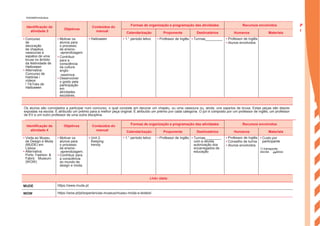 Identificação da
atividade 3
Objetivos
Conteúdos do
manual
Formas de organização e programação das atividades Recursos envolvidos
Calendarização Proponente Destinatários Humanos Materiais
• Concurso
de
decoração
de chapéus,
vassouras e
sapatos de uma
bruxa no âmbito
da festividade de
Halloween
• Alternativa:
Concurso de
histórias /
vídeos
/ TikToks de
Halloween
• Motivar os
alunos para
o processo
de ensino-
-aprendizagem.
• Contribuir
para a
consciência
da cultura
anglo-
-saxónica.
• Desenvolver
o gosto pela
participação
em
atividades
escolares.
• Halloween • 1.° período letivo • Professor de Inglês • Turmas_________ • Professor de Inglês
• Alunos envolvidos
Os alunos são convidados a participar num concurso, o qual consiste em decorar um chapéu, ou uma vassoura ou, ainda, uns sapatos de bruxa. Estas peças são depois
expostas na escola. É atribuído um prémio para a melhor peça original. É atribuído um prémio por cada categoria. O júri é composto por um professor de inglês, um professor
de EV e um outro professor de uma outra disciplina.
Identificação da
atividade 4
Objetivos Conteúdos do
manual
Formas de organização e programação das atividades Recursos envolvidos
Calendarização Proponente Destinatários Humanos Materiais
• Visita ao Museu
de Design e Moda
(MUDE) em
Lisboa
• Alternativa:
Porto Fashion &
Fabric Museum
(WOW)
• Motivar os
alunos para
o processo
de ensino-
-aprendizagem.
• Contribuir para
a consciência
do mundo de
design e moda.
• Unit 2:
Keeping
trendy
• 1.° período letivo • Professor de Inglês • Turmas________,
com a devida
autorização dos
encarregados de
educação
• Professor de Inglês
• Conselho de turma
• Alunos envolvidos
• Custo por
participante
1) transporte:
escola Lisboa
Links úteis:
MUDE https://www.mude.pt
WOW https://wow.pt/pt/experiencias-museus/museu-moda-e-texteis/
P
l
a
n
s
ENGA8©PortoEditora
 