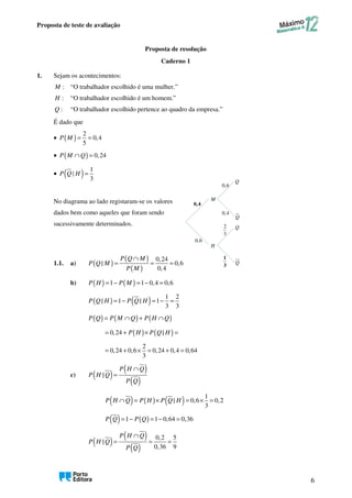 Proposta de teste de avaliação
6
Proposta de resolução
Caderno 1
1. Sejam os acontecimentos:
M : “O trabalhador escolhido é uma mulher.”
H : “O trabalhador escolhido é um homem.”
Q : “O trabalhador escolhido pertence ao quadro da empresa.”
É dado que
• ( )
2
0,4
5
= =
P M
• ( ) 0,24
∩ =
P M Q
• ( ) 1
|
3
=
P Q H
No diagrama ao lado registaram-se os valores
dados bem como aqueles que foram sendo
sucessivamente determinados.
1.1. a) ( )
( )
( )
0,24
| 0,6
0,4
∩
= = =
P Q M
P Q M
P M
b) ( ) ( )
1 1 0,4 0,6
= − = − =
P H P M
( ) ( ) 1 2
| 1 | 1
3 3
= − = − =
P Q H P Q H
( ) ( ) ( )
= ∩ + ∩
P Q P M Q P H Q
( ) ( )
0,24 |
= + × =
P H P Q H
2
0,24 0,6 0,24 0,4 0,64
3
= + × = + =
c) ( )
( )
( )
|
P H Q
P H Q
P Q
∩
=
( ) ( ) ( ) 1
| 0,6 0,2
3
P H Q P H P Q H
∩ = × = × =
( ) ( )
1 1 0,64 0,36
= − = − =
P Q P Q
( )
( )
( )
0,2 5
|
0,36 9
∩
= = =
P H Q
P H Q
P Q
M
H
Q
Q
0,4
0,6
0,6
0,4
2
3
1
3
Q
Q
 