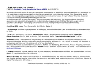 Sectoren: Financiële waarden 24,56%; Industrie 13,23%; IT 10,44%; Luxe-consumentengoederen 10%; Basis-
consumentengoederen 9,61%; Energie 9,21%; Materialen 9,13%; Gezondheidszorg 7,93%; Nutsbedrijven
4,42% Vastgoed 1,12%; Liquide middelen en/of derivaten 0,36%.
Impact awareness & ambitie
Duurzaamheid en impact zijn niet hetzelfde maar wel overlappend. Duurzaamheid is altijd 'doing less harm' in het
optimaliseren van bedrijfsprocessen Safety & Heath en bij bijv grondstoffen her- & gebruik en de Supply Chain. Niet
altijd doing good qua kernactiviteiten, maar gelukkig ontwikkelen bedrijven zich ook in die richting. Impact Investing
begint bij de kernactiviteit en kijkt vervolgens naar de (optimale) bedrijfsvoering.
Who benefits
Op product niveau: De etf heeft duurzame doelstellingen en AGTAF exclusie, maar geen focus op relevante sectoren
zoals basisbehoeften en impact katalysatoren.
Op wereldniveau: duurzame bedrijfsvoering levert altijd wat op, afhankelijk van de doelen, voortgang en
tranformatiekracht van ondernemingen / sectoren.
Impact niveau's: Gezondheidszorg, Voeding, Finance, Nutsbedrijven (let op incl fossiele energieleveranciers) Voeding
(niveau 5) tot en met niveau 1 AGTAF excusie.
Impact type Indirect Impact Investing met impact growth stock en Directe Impact Investing
Impact Asset Class Groeikapitaal voor impact thema duurzaamheid
Ideaal Impact Investing Product?
Goedkoop met 11,30 Euro, Kosten 0,41%, 4x per jaar uitkerend rendement 4,12%. Mijn koerswinst: 6,3%.
Morningstar: Snapshot 4 wereldbolletjes
Blogger: Na 5 jaar als impact investor ben ik dit stadium een beetje voorbij, de duurzaam-in-impact-sector
ondernemingen heb ik vaak al en ik krijg van alles cadeau waar ik niet blij van wordt.
Drs Alcanne J Houtzaager, Inclusive Impact Investing portfolio pag. 103
 