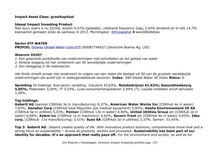 West Fraser Timber co. Ltd.: Forest Certification
Sustainable forest management means managing the forest in a way that maintains an ecologically sustainable and
socially desired balance of values. It aims to ensure all the values present in the forest today, such as recreation,
biodiversity, habitat protection, clean water, and others, will be there for future generations to use and enjoy.
Forest certification is a voluntary tool that demonstrates West Fraser’s wood products are sourced from sustainably
managed forests. Third-party independent auditors verify that we have met high standards for a number of key criteria,
including the sustainable growing and harvesting of trees with the protection of habitat, wildlife, plants, water and soil
quality, and a wide range of other conservation goals. Just 10 per cent of the world’s forests are certified to an
independent certification system. West Fraser, within a comprehensive certification program, has registered 100%
of the Canadian forestlands entrusted to the Company to an independent, voluntary sustainable certification
program. Meer op: Westfraser.com/responsibility
Weyerhauser (vh Plum Creek): Certification timberlands to sustainable forestry standards 100% achieved
Meer S&H en Eco doelen op: Weyerhaeuser/sustainability/our-commitment/goals-and-progress
Rayonier Reit: Our working forests provide long-term value for our shareholders, customers, employees and
communities. We voluntarily subscribe to forestry certification programs, which require that we manage our
forests sustainably. In the U.S., Rayonier’s 2.4 million acres of timberlands are certified by the Sustainable
Forestry Initiative® (SFI), a program that includes independent third-party audits of our practices. In New Zealand,
Rayonier-managed forests are all certified by the Forest Stewardship Council, a nonprofit organization that
promotes responsible forest management. We also adopt state-specific Best Management Practices designed to
maintain a healthy balance between forest resource use and the protection of other natural resources, including water
quality, aquatic habitat and the overall health of stream ecosystems. Meer op: Rayonier.com/Commitment
CSRHub/Packaging-Corporation-of-America (Packaging 17e AMPKCorp/green-eco-friendly-sustainable-packaging
Who benefits
Op product niveau: keuze mogelijkheid voor gecertificeerd hout, papier en verpakking (producten).
Op wereldniveau: duurzame bosbouw, houtverwerking en biodiversiteit. Globalgoals/15/Life-on-Land
Impact niveau's: (niveau 4) wereldwijde bedreiging: ontbossing en niveau 5: biodiversiteit.
Impact type: Directe investering is bosbouw (packaging & paper.)
Drs Alcanne J Houtzaager, Inclusive Impact Investing portfolio pag. 107
 