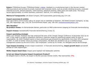 Type Impact Investing: directe impact investment in verzekeringen en indirecte impact investment van bijna 11%
vanwege de impact investments, duidelijk een impact growth stock.
Welke Impact Asset Class: Impact groei kapitaal met Katalysator potentie.
Is het een Ideaal Inclusive Impact Investment Product? 1
De obligatie koers 64,98%. De laatste coupon was 117e (variabel). Mijn koersverlies: 27,24%. NB Deze obligatie heb ik
eerder gehad en met 11,7% koerswinst verkocht. Let op: notering uit 1996 in NL guldens.
PROFIEL Deutsche Postbank One of Germany's largest banks for private customers. With around 14 million
customers, 19,000 employees and total assets amounting to €148 billion, the Postbank Group is one of Germany's
largest financial service providers. It focuses on business with private customers and with small and medium-sized
companies. Postbank offers its private customers simple, low-cost products for their day-to-day needs. The products
offered range from payment transactions and deposit and lending business to bonds, investment funds, insurance
policies and home savings contracts. In online and telephone banking, Postbank boasts a leading position in Germany.
Medewerkers 18730 FINANCE
Obligatie: DE000A0DHUM0-XAMS IEX: Deutsche Postbank is beursgenoteerd: DE0008001009.
Marktkapitalisatie: 19,89 Miljard Euro Finanzen.net
Investor Relations Postbank/investor_relations: Current Events; Publications; Postbank Share; Ratings & Fixed
Income (Pfandbriefe); Annual General Meeting; Calendar. Onderdeel van Deutsche Bank dat in 2015 aankondigde het te
voorbereiden op verkoop.
Missie: Our mission statement combines the principle of sustainability. Our goals are promotion of social aspects,
environmental protection and to make a contribution to a strong economy. Employees, suppliers, customers.
Duurzaamheid: Mission Statement; Social Sustainability; Ecological Sustainability; Economic Sustainability (Quality
management, Corporate governance, Guidelines, Success-oriented remuneration, Compliance and protection against
money-laundering, Risk management, lending, investment); Sustainability Report (invironmental impact metrics, maar
in GRI staan ook social products & insitutions genoemd); UN Global Compact.
Drs Alcanne J Houtzaager, Inclusive Impact Investing portfolio pag. 125
 