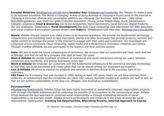 Investor Relations Alibabagroup.com/IR/home Investor Day: Alibabagroup/investorday Our Mission To make it easy
to do business anywhere, The World is Changing. ● Way of doing business is changing ● Access point to the internet is
changing ● Consumer lifestyle and consumption patterns are changing. Our buisness: data driven – data refuel
Vedubbelingsplannen voor 2020 Our goals Customer Acquisition (Young, Urban Middle-Class, Rural, Globalization)
Category expansion: Food & Groceries, Car & Car Accessories, Home Decorations, Local Services, Digital Products.
Our key strategies: Globalization, Rural Development, Big data Cloud Computing. Ook interessant het M&A document
over value creation & innovatipon (people driven) Veel Video's: Globalization G20 interview: Alibabagroup/videoJackMa
Missie: Alibaba Group's mission is to make it easy to do business anywhere. We provide the fundamental technology
infrastructure and marketing reach to help merchants, brands and other businesses that provide products, services and
digital content to leverage the power of the Internet to engage with their users and customers. Our businesses are
comprised of core commerce, cloud computing, digital media and entertainment, innovation initiatives and others.
Through investee affiliates, we also participate in the logistics and local services sectors.
Visie: We aim to build the future infrastructure of commerce. We envision that our customers will meet, work and live
at Alibaba, and that we will be a company that lasts at least 102 years.
Meet @ Alibaba We enable hundreds of millions of commercial and social interactions among our users, between
consumers and merchants, and among businesses every day.
Work @ Alibaba We empower our customers with the fundamental infrastructure for commerce and data technology,
so that they can build businesses and create value that can be shared among our ecosystem participants.
Live @ Alibaba We strive to expand our products and services to become central to the everyday lives of our
customers.
102 Years For a company that was founded in 1999, lasting at least 102 years means we will have spanned three
centuries, an achievement that few companies can claim. Our culture, business models and systems are built to last, so
that we can achieve sustainability in the long run. (Blogger: lees levensduur sustaianbility)
Duurzaamheid
Alibabagroup/Sustainability Alibaba Group has been highly committed to sustainable corporate responsibility projects,
both through charitable endeavors and by extending the benefits of its ecosystem to the community at large. Alibaba
Group believes the best approach to corporate social responsibility is through embedding elements of social
responsibility in its business model. Alibaba Group's achievements and initiatives in the areas of corporate social
responsibility' Speerpunten: Creating Job Opportunities, Alleviating Poverty, Internet Approach to Charity
Drs Alcanne J Houtzaager, Inclusive Impact Investing portfolio pag. 27
 