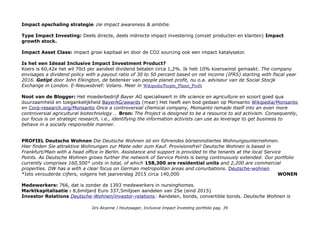 Impact opschaling strategie: zie impact awareness & ambitie.
Type Impact Investing: Deels directe, deels indirecte impact investering (omzet producten en klanten) Impact
growth stock.
Impact Asset Class: impact groei kapitaal en door de CO2 sourcing ook een impact katalysator.
Is het een Ideaal Inclusive Impact Investment Product?
Koers is 60,42e het wil 70ct per aandeel dividend betalen circa 1,2%. Ik heb 10% koerswinst gemaakt. The company
envisages a dividend policy with a payout ratio of 30 to 50 percent based on net income (IFRS) starting with fiscal year
2016. Getipt door John Elkington, de bedenker van people planet profit, nu o.a. adviseur van de Social Stocjk
Exchange in London. E-Nieuwsbrief: Volans. Meer in Wikipedia/People_Planet_Profit
Noot van de Blogger: Het moederbedrijf Bayer AG specialiseert in life science en agriculture en scoort goed qua
duurzaamheid en toegankelijkheid BayerAG/awards (maar) Het heeft een bod gedaan op Monsanto Wikipedia/Monsanto
en Corp-research.org/Monsanto Once a controversial chemical company, Monsanto remade itself into an even more
controversial agricultural biotechnology … Bron: The Project is designed to be a resource to aid activism. Consequently,
our focus is on strategic research, i.e., identifying the information activists can use as leverage to get business to
behave in a socially responsible manner.
PROFIEL Deutsche Wohnen Die Deutsche Wohnen ist ein führendes börsennotiertes Wohnungsunternehmen.
Hier finden Sie attraktive Wohnungen zur Miete oder zum Kauf. Provisionsfrei! Deutsche Wohnen is based in
Frankfurt/Main with a head office in Berlin. Assistance and support is provided to the tenants at the local Service
Points. As Deutsche Wohnen grows further the network of Service Points is being continuously extended. Our portfolio
currently comprises 160,500* units in total, of which 158,300 are residential units and 2,200 are commercial
properties. DW has a with a clear focus on German metropolitan areas and conurbations. Deutsche-wohnen
*Iets verouderde cijfers, volgens het jaarverslag 2015 circa 140,000 WONEN
Medewerkers: 766, dat is zonder de 1393 medewerkers in nursinghomes.
Marktkapitalisatie : 8,6miljard Euro 337,5miljoen aandelen van 25e (eind 2015)
Investor Relations Deutsche-Wohnen/investor-relations: Aandelen, bonds, convertible bonds. Deutsche Wohnen is
Drs Alcanne J Houtzaager, Inclusive Impact Investing portfolio pag. 39
 