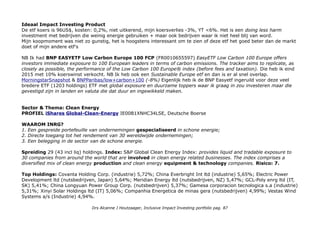 Thematische ETF: Low Carbon
PROFIEL iShares MSCI ACWI Low Carbon-Target-ETF NSE ARCA
1. Seek to maintain global stock exposure while reducing the carbon footprint of an investment portfolio;
2. Support companies less dependent on fossil fuels by overweighting their stocks relative to higher carbon-
emitting peers; 3. Deliver a low-cost, socially responsible investment solution.
By overweighting companies with lower carbon characteristics, the index exhibits an 73% reduction in current
carbon emissions intensity as well as a 99% reduction in potential carbon emissions from reserves.
iShares-msci-acwi-low-carbon-target-etf-product-brief (pdf)
Spreiding: 1203 holdings. Sectoren: Financials 20.73%, Information Technology 15.85%, Consumer
Discretionary 12.44%, Industrials 11.43%, Health Care 10.21%, Consumer Staples 9.56%, Energy 6.01%,
Telecommunication Services 4.02%, Materials 3.94%, Utilities 2.88%.
Geografisch: United States 52.64%; Japan 7.82%; United Kingdom 5.42%; Canada 3.45%; China 3.38%: France
3.03%; Switzerland 2.88%; Germany 2.81%; Australia 2.31%; Korea (South) 1.51%; Netherlands 1.32%; Taiwan
1.29%. Eurozone: 7%.
Top Holdings Apple inc 1.69%; Microsoft corp 1.17%; Amazon com inc 0.92%; Johnson & Johnson 0.87%; Facebook
class a inc 0.81%; General Electric 0.78%; Nestle sa 0.68%; AT&T inc 0.68%; JPMorgan chase & co 0.68%; Alphabet
inc class a 0,66% Samen: 9%.
Who benefits?
Op product niveau de investeerder :)
Op wereldniveau minder CO² uitstoot helpt klimaattransitie met extreem weer tegengaan.
Impact niveau: ESG risico's (niveau 2)
Impact Type Directe Impact Investering in lager ESG risico (doing less harm)
Impact Class: thematisch (low carbon)
Drs Alcanne J Houtzaager, Inclusive Impact Investing portfolio pag. 87
 
