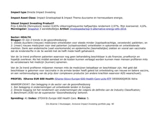 Electric Power Development Lim. Japan At J-POWER (Electric Power Development Co., Ltd.) we have been
supplying low-cost, reliable electricity for over 60 years while constructing and operating trunk transmission lines to
contribute Japan's economic growth and improve people's living standards. The J-POWER Group operates power
stations at 95 locations nationwide as of the end of March 2016 with a total installed capacity of about 18,000MW and
transmission lines of about 2,400 km in Japan. Our Mission We will meet people's needs for energy without fail, and
play our part for the sustainable development of Japan and the rest of the world.
CSR Hub: Electric Power Development Company Limited, which operates under the brand name J-Power Company, is
an electric utilities provider based in Tokyo, Japan. The Company owns power generation facilities including
Hydroelectric Power Plants, Thermal Power Plants, and Geothermal Power Plants. The Company also operates AC and
DC power transmission lines throughout Japan. Electric Power Development Company Limited has more than 2,200
employees.Total 48, Environment 60.
Sectoren: Nutsbedrijven 44,42%; Industrie 27,92%; IT 25,76; Energie 1,39%; Liquide middelen en/of derivaten 0,51.
Geografische spreiding: China 31,4%; Verenigde Staten 26,82%; Brazilië 8,15%; Japan 6,93%;
Nieuw-Zeeland 5,47%; Spanje 5,31%; Denemarken 4,94%; Duitsland 4,92%; Portugal 4,72%;
Other 1,35%. Exposure niet Euro markten: circa 85%
Impact awareness & ambitie Prima ontwikkeld :)
Impact opschaling Sector: door groei van de ondernemingen en innovatie van de technieken
Who benefits
Op product niveau; energie is een basisbehoefte, de motor voor economische ontwikkeling en clean energie levert
geen/minder CO2 uitstoot die de lucht vervuilt en klimaatverandering veroorzaakt/versnelt.
Op wereldniveau; Renewable Clean energy draagt bij aan Global-Goal 7:Modern-energy: Zorgen voor toegang tot
betaalbare, betrouwbare, duurzame en hernieuwbare energie voor iedereen.
Impact niveau's: basisbehoefte duurzame en hernieuwbare energie, recycling, grondstoffen besparing, bescherming
milieu & biodiversiteit (niveau 5).
Drs Alcanne J Houtzaager, Inclusive Impact Investing portfolio pag. 90
 