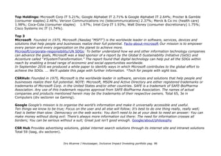 Environment een 'must'. Community is misschien ouderwets corporate foundation stuff maar kan ook door directe inzet
van personeel op deskunidgheid en betrokkenheid juist goed scoren.....
Op wereldniveau; impact van 100 of the largest domestic and international nonfinancial companies.
Impact niveau's: 0 tot 5: communicatie & IT, healthcare, biotech
Impact type Directe en Indirecte Impact Investering, Impact Growth Stocks.
Impact Asset Class Groeikapitaal met thema aspiratie impact acceleration doorr IT&Tech
Ideaal Impact Investing Product?
Duur 118,50US$, kosten: , uitkerend rendement 0,99%. Koerswinst 46% Winst genomen ?%.
Morningstar: Snapshot 3 Wereldbolletjes
THEMA Social Responsability
PROFIEL KLD(omini) 400 iShares-MSCI KLD-400-Social-ETF
De ETF gaat terug tot 2006, de index is ontwikkeld in 1989 door Amy Domini and her partners Peter Kinder and Steve
Lydenberg (Domini 400 Social Index). This index of 400 primarily large-cap U.S. corporations was designed to look like
the S&P 500 in virtually all ways except for one – its holdings were selected based on a wide range of social and
environmental standards. When launched in 1990, it was the first index of its kind. A year later, they launched the
Domini Social Equity Fund to provide investors with a fund that tracks the Index. Analysis of the long-term record of
the Domini 400 Social Index* demonstrated that social and environmental standards have led to strong individual stock
selection and potentially higher returns. Domini.com/why-domini
In 2006 verkocht het de index rechten en received its shareholders’ approval to change from a strategy of passive
index investing to active management.
Why DSI?
1. Exposure to socially responsible U.S. Companies;
2. Access to a broad range of stocks that have been screened for positive environmental, social, and governance
characteristics; 3. Use to invest based on your personal values.
Spreiding 394. Index KLD 400 wordt nu gemaakt door MSCI.
Drs Alcanne J Houtzaager, Inclusive Impact Investing portfolio pag. 96
 