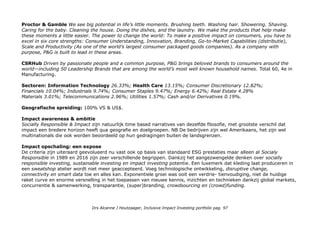 Top Holdings: Microsoft Corp IT 5.21%; Google Alphabet IT 2.71% & Google Alphabet IT 2.64%; Procter & Gamble
(consumer staples) 2.46%; Verizon Communications inc (telecommunications) 2.37%; Merck & Co inc (health care)
1.98%; Coca-Cola (consumer staples) 1.97%; Intel Corp IT 1.93%; Walt Disney (consumer discretionary) 1.75%;
Cisco Systems inc IT (1.74%).
Top 3
Microsoft Founded in 1975, Microsoft (Nasdaq “MSFT”) is the worldwide leader in software, services, devices and
solutions that help people and businesses realize their full potential. Facts-about-microsoft Our mission is to empower
every person and every organization on the planet to achieve more.
Microsoft/corporate-responsibility/UN SDGs: To better understand how we and other information technology companies
can advance the goals, Microsoft was a lead sponsor of a report by the Global E-Sustainability Initiative (GeSI) and
Accenture called "#SystemTransformation." The report found that digital technology can help put all the SDGs within
reach by enabling a broad range of economic and social opportunities worldwide.
In September 2016 we produced a white paper to identify ways in which Microsoft contributes to the global effort to
achieve the SDGs. ... We’ll update this page with further information. *Tech for people with sight loss.
CSRHub: Founded in 1975, Microsoft is the worldwide leader in software, services and solutions that help people and
businesses realize their full potential. NOTE: Microsoft, MSDN and Active Directory are either registered trademarks or
trademarks of Microsoft Corp. in the United States and/or other countries. SAFE is a trademark of SAFE-BioPharma
Association. Any use of this trademark requires approval from SAFE-BioPharma Association. The names of actual
companies and products mentioned herein may be the trademarks of their respective owners. Total 65, 3e in
Computers (div sectoren oa Gaming).
Google Google’s mission is to organise the world’s information and make it universally accessible and useful.
Ten things we know to be true; Focus on the user and all else will follow; It’s best to do one thing really, really well;
Fast is better than slow: Democracy on the web works: You don’t need to be at your desk to need an answer: You can
make money without doing evil: There’s always more information out there: The need for information crosses all
borders; You can be serious without a suit; Great just isn’t good enough. Google/about/philosophy
CSR Hub Provides advertising solutions, global internet search solutions through its internet site and intranet solutions
Total 59 (laag, div sectoren).
Drs Alcanne J Houtzaager, Inclusive Impact Investing portfolio pag. 97
 