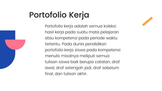 Portofolio kerja adalah semua koleksi
hasil kerja pada suatu mata pelajaran
atau kompetensi pada periode waktu
tertentu. Pada dunia pendidikan
portofolio kerja siswa pada kompetensi
menulis misalnya meliputi semua
tulisan siswa baik berupa catatan, draf
awal, draf setengah jadi, draf sebelum
final, dan tulisan akhir.
Portofolio Kerja
 