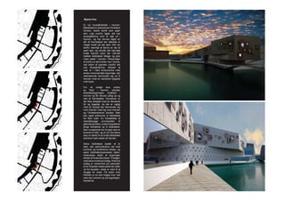 Byens Hus.

Et nyt hovedbibliotek i havnen.
Biblioteket er placeret på Christians
holmen, bedre kendt som papir
øen. Lige overfor ligger det nye
skuespillerhus som er lagt ud i
havnen, og har derved taget en
del af havneløbet der allerede er
meget smalt på det sted. Det var
derfor naturligt at fjerne en del af
papir øen, og udnytte det naturlige
knæk havnen laver der. Derved
trække biblioteket tilbage og give
mere plads i havnen. Placeringen
af endnu et stort kultur hus i havne,
ved siden af operaen overfor det
nye skuespillerhus, betyder at
man er i hård konkurrence med
andre monumentale bygninger, der
udelukkende henvender sig ud til
havnen med en decideret bagside
mod byen.

For at undgå lave endnu
en ”klos” i havnen, udnytter
biblioteksbygningen knækket i
havnen og får derved udkig op og
ned af havneløbet. Derudover er
der ikke arbejdet med en decideret
for og bagside, da det er vigtigt
med en facade der henvender sig
mod Holmen med kig mod Holmen
og Christianshavns kanaler. Man
kan også ankomme til biblioteket
fra ﬂere sider. En forsættelse af
Islandsbrygge promenaden, til
gående og cykler, under Knippelsbro
langs bolværket op til biblioteket.
Den nuværende bro til papir øen er
bevaret til biler, og et nyt havnebus
stop er tænkt til at binde biblioteket
sammen med resten af havnen.

Selve biblioteket består af to
dele, den administrative del med
kontorer og konference lokaler, og
selve biblioteks/oplevelses delen.
Oplevelses delen af bygningen
består af forskudte planer i 5 etager,
med store runde lys indtag. Hvert lys
indtag er indrammet på ydersiden
af en ﬁrkantet metal plade der sider
ud fra facaden, disse er med til at
skygge for solen. På siden mod
Holmen er en stor trappe hvor ved
man kan komme op på bygningen,
kanalerne.
 