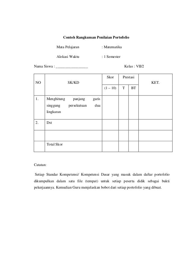 contoh format penilaian portofolio matematika