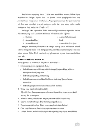 Pendidikan sepanjang hayat (PSH) atau pendidikan seumur hidup dapat
didefinisikan sebagai tujuan atau ide formal untuk pengorganisasian dan
penstrukturan pengalaman pendidikan. Pengorganisasiannya dan penstrukturan
ini diperluas mengikuti seluruh rentangan usia, dari usia yang paling muda
samapai ke yang paling tua.(Cropley; 67)
Mengapa PSH diperlukan dalam mendasari jiwa seluruh organisasi sistem
pendidikan yang ada? Karena PSH memuat beberapa alasan, seperti :
1. Rasional
2. Alasan keadilan
3. Alasan Ekonomi

4. Alasan Perkembangan
Iptek
5. Alasan Sifat Pekerjaan

Dengan diterimanya konsep PSH sebagai konsep dasar pendidikan berarti
sifat kodrati pendidikan, yaitu berupaya untuk membekali dan mengatasi masalah
hidup seumur hidup lebih menjiwai penyelenggaraan semua sistem pendidikan
yang ada.
UNSUR-UNSUR PENDIDIKAN
Proses pendidikan melibatkan banyak hal, diantaranya :
1. Subjek yang dibimbing (peserta didik)
Individu yang memiliki potensi fisik dan psikis yang khas, sehingga
merupakan insan yang unik
Individu yang sedang berkembang
Individu yang membutuhkan bimbingan individual dan perlakuan
manusiawi
Individu yang memiliki kemampuan untuk mandiri
2. Orang yang membimbing (pendidik)
Memiliki kewibawaan dengan selalu memelihara sikap kepercayaan, kasih
sayang dan kemampuan
3. Interaksi antara peserta didik dengan pendidik (interkasi edukatif)
4. Ke arah mana bimbingan ditujukan (tujuan pendidikan)
5. Pengaruh yang diberikan dalam bimbingan (materi pendidikan)
6. Cara yang digunakan dalam bimbingan (alat dan metode)
7. Tempat dimana peristiwa bimbingan berlangsung (lingkungan pendidikan)

24

 