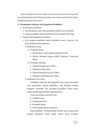 Sistem Pendidikan Nasional adalah satu kesatuan yang utuh dan menyeluruh
yang saling bertautan dan berhubungan dalam suatu sistem untuk mencapai tujuan
pendidikan nasional secara umum.
A. Kelembagaan, Program, dan Pengelolaan Pendidikan
1. Kelembagaan pendidikan
a. Jalur pendidikan seperti jalur pendidikan sekolah dan luar sekolah
b. Jenjang pendidikan seperti pendidikan dasar, menengah, dan tinggi
2. Program dan Pengelolaan Pendidikan
a. Jenis program pendidikan seperti pendidikan umum, kejuruan, luar
biasa, kedinasan, dan keagamaan
1) Pendidikan Formal
a) Pendidikan Dasar
Sekolah Dasar (SD), Madrasah Ibtidaiyah (MI)
Sekolah Menegah Pertama (SMP), Madrasah Tsanawiyah
(MTS)
b) Pendidikan Menegah
Sekolah Menegah Atas ( SMA )
Madrasah Aliyah ( MA )
Sekolah Menegah Kejuruan ( SMK )
Madrasah Aliyah Kejuruan ( MAK )
2) Pendidikan Non Formal
Pendidikan nonformal diselenggarakan bagi warga masyarakat
yang memerlukan layanan pendidikan yang berfungsi sebagai
pengganti, penambah, dan pelengkap pendidikan formal dalam
rangka mendukung pendidikan sepanjang hayat.
Contoh pendidikan nonformal yaitu :
a) Lembaga kursus
b) Lembaga penelitian
c) Kelompok belajar
d) Pusat kegiatan belajar masyarakat
Hasil pendidikan nonformal dapat dihargai setara dengan hasil
program pendidikan formal setelah melalui proses penilaian

33

 