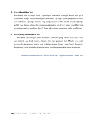 12 | E g h a R h i y a n t i P u t r i - 1 8 1 5 1 5 2 6 4 1
2. Fungsi Pendidikan Seni
Pendidikan seni berfungsi untuk kepentingan masyarakat sehingga fungsi seni perlu
dilestarikan. Fungsi seni dalam masyarakat meliputi: (1) fungsi agama yang bersifat sakral
dan simbolistis, (2) fungsi ekonomi yang mengutamakan kualitas artistik produk (3) fungsi
politik yang dipakai sebagai alat propaganda, penggalian jati diri, (4) fungsi pendidikan yang
merupakan media pencerdasan, dan (5) fungsi rekreasi yang merupakan media penghiburan.
3. Ruang Lingkup Pendidikan Seni
Pendidikan seni bertujuan untuk memenuhi kebutuhan yang bersifat individual, sosial
dan kultural yang tidak mampu dilayani oleh mata pelajaran lain. Melalui seni, anak
memperoleh pengalaman estetis yang berkaitan dengan elemen visual, bunyi, dan gerak.
Pengalaman estetis ini disebut sebagai sesuatau pengalaman yang khas dalam kehidupan.
Sumber buku: Pamadhi, Hadjar dkk. Pendidikan Seni di SD. Tangerang: Universitas Terbuka. 2014.
 