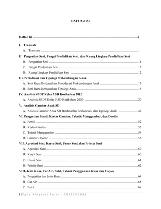 i | E g h a R h i y a n t i P u t r i - 1 8 1 5 1 5 2 6 4 1
DAFTAR ISI
Daftar Isi .....................................................................................................................................i
I. Translate
A. Translate ...........................................................................................................................1
II. Pengertian Seni, Fungsi Pendidikan Seni, dan Ruang Lingkup Pendidikan Seni
B. Pengertian Seni .................................................................................................................11
C. Fungsi Pendidikan Seni ....................................................................................................12
D. Ruang Lingkup Pendidikan Seni .....................................................................................12
III. Periodisasi dan Tipologi Perkembangan Anak
A. Seni Rupa Berdasarkan Periodesasi Perkembangan Anak ................................................13
B. Seni Rupa Berdasarkan Tipologi Anak..............................................................................16
IV. Analisis SBDP Kelas 5 SD Kurikulum 2013
A. Analisis SBDP Kelas 5 SD Kurikulum 2013 ....................................................................20
V. Analisis Gambar Anak SD
A. Analisis Gambar Anak SD Berdasarlan Periodesasi dan Tipologi Anak .........................42
VI. Pengertian Pensil, Kertas Gambar, Teknik Menggambar, dan Doodle
A. Pensil .................................................................................................................................52
B. Kertas Gambar ..................................................................................................................53
C. Teknik Menggambar .........................................................................................................54
D. Gambar Doodle .................................................................................................................58
VII. Apresiasi Seni, Karya Seni, Unsur Seni, dan Prinsip Seni
A. Apresiasi Seni.....................................................................................................................60
B. Karya Seni .........................................................................................................................60
C. Unsur Seni .........................................................................................................................61
D. Prinsip Seni .......................................................................................................................62
VIII. Jenis Kuas, Cat Air, Palet, Teknik Penggunaan Kuas dan Crayon
A. Pengertian dan Jenis Kuas..................................................................................................64
B. Cat Air ...............................................................................................................................68
C. Palet ...................................................................................................................................69
 